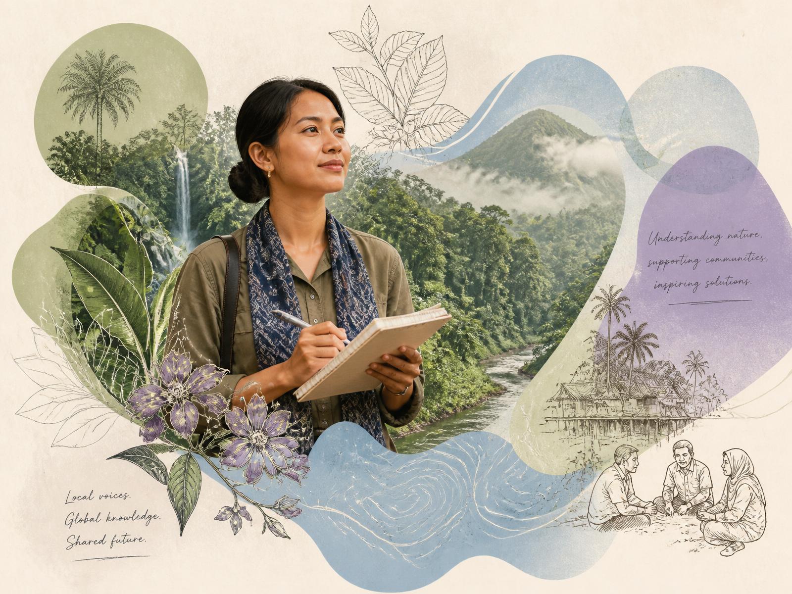 An Indonesian journalist with a notebook amid tropical landscapes and abstract shapes representing knowledge networks.