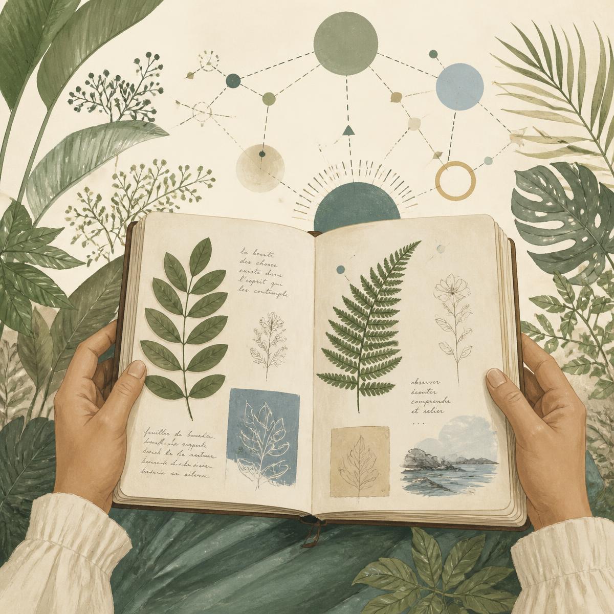 Hands holding an open notebook with pressed leaves and sketches surrounded by tropical plants.