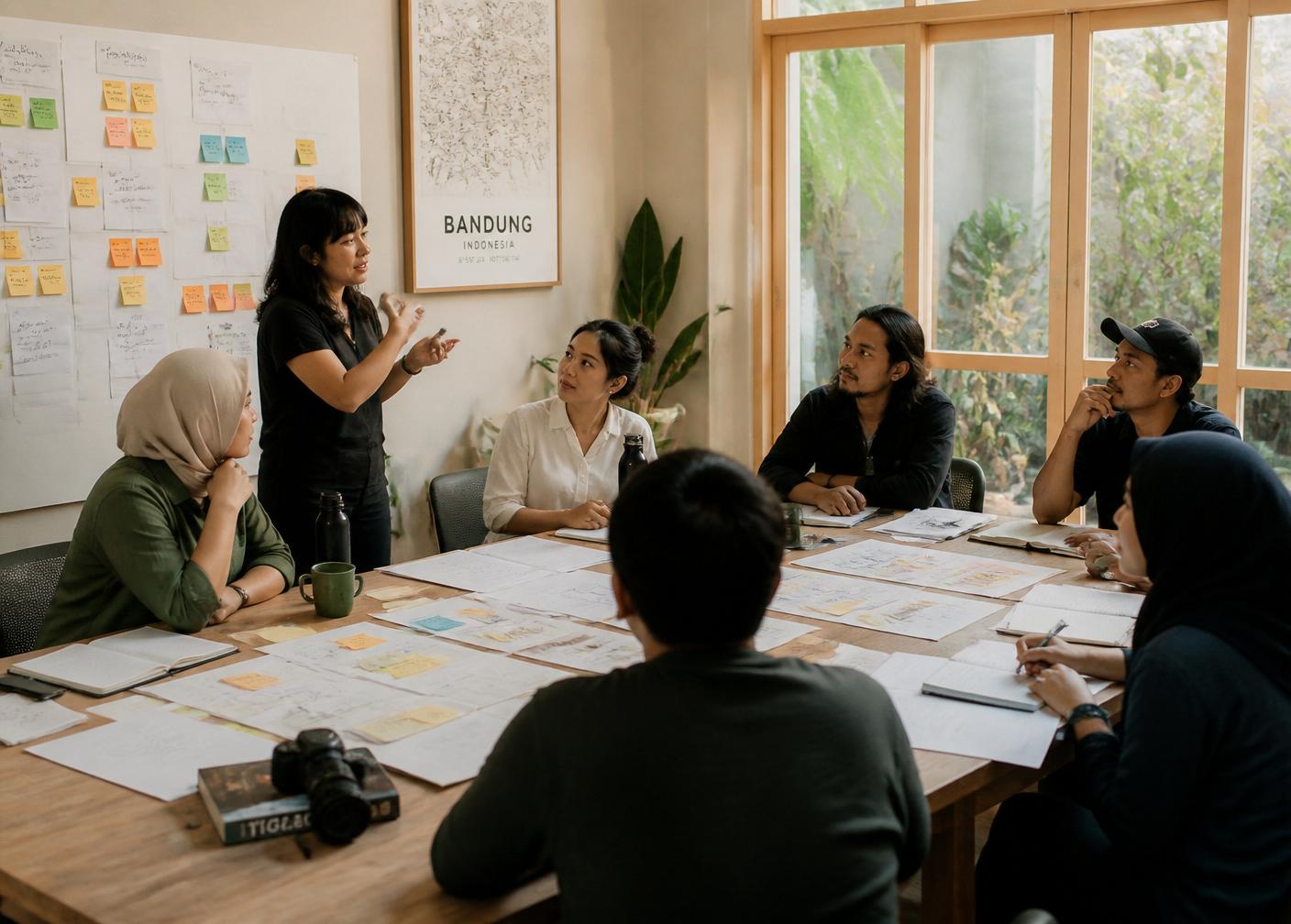 A collaborative workshop in Bandung with sticky notes, sketches and daylight.